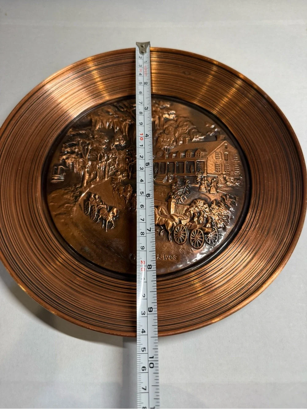 Currier & Ives Copper-Tone Embossed Wall Plate Horse Carriage Scene 10 Inch.